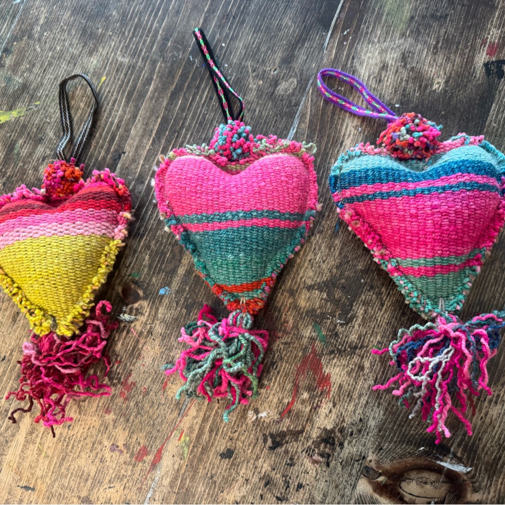 A trio of Colorful Woven Heart - door hangers, rear view mirror decor, ornaments